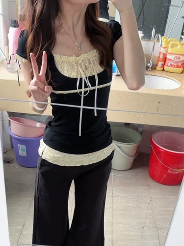 Комплект, летняя приталенная кружевная короткая футболка с коротким рукавом, цветочный принт