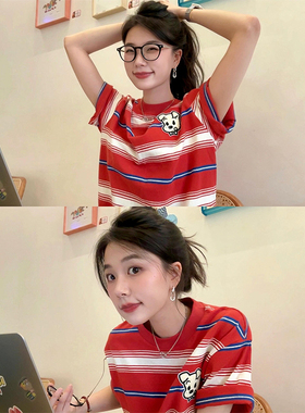 美式复古红色条纹t恤女短袖夏季2025新款卡通小狗宽松设计感上衣