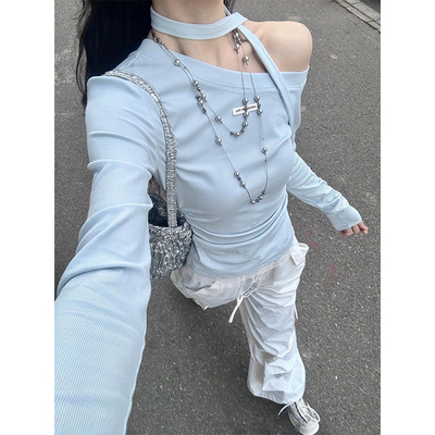 一字领斜肩蕾丝边长袖t恤女春季