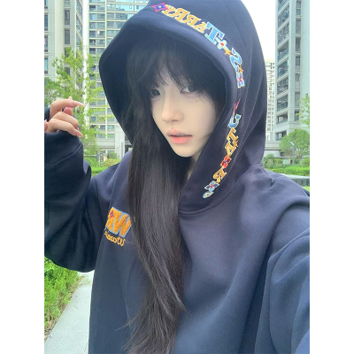 美式复古彩色字母刺绣连帽卫衣女