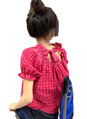 小个子泡泡袖格子衬衫女夏设计感