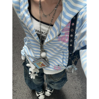 美式y2k条纹修身连帽卫衣女秋季