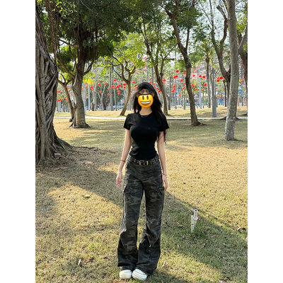 美式直筒微喇迷彩工装裤女春夏