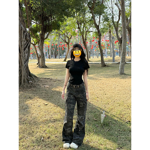 美式直筒微喇迷彩工装裤女春秋