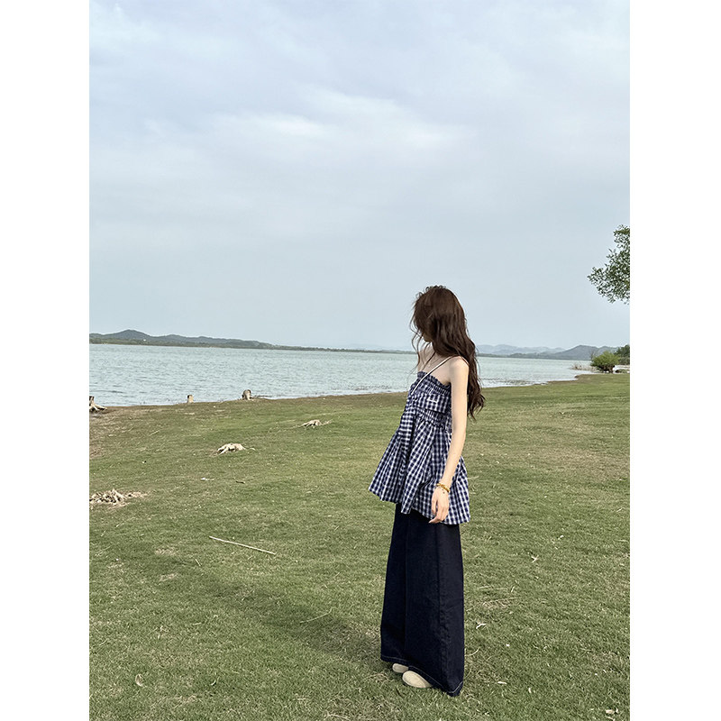 蓝色格纹a字抹胸背心裙女2025新图片