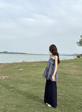 蓝色格纹a字抹胸背心裙女2025新款夏季韩系两穿高级感半身伞裙子