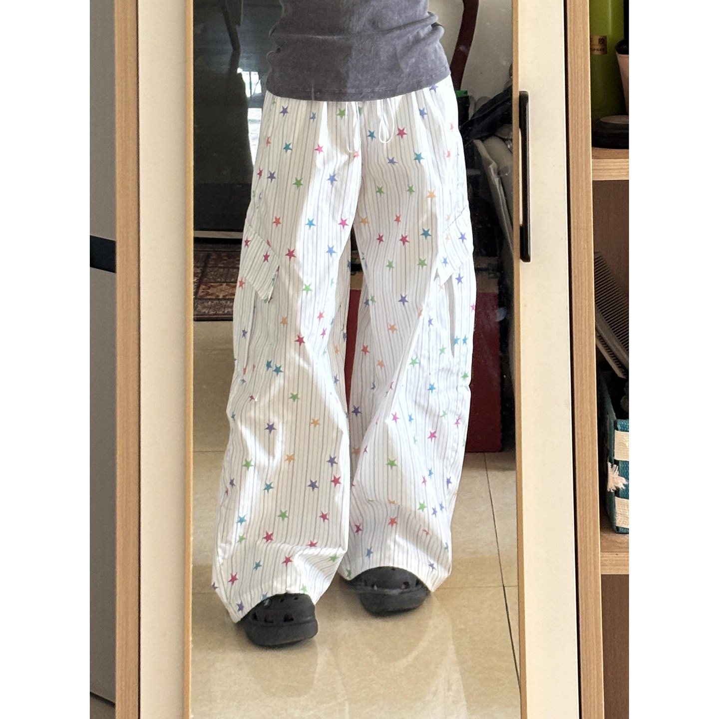 彩点星星条纹印花休闲裤女夏季薄款2026新款宽松百搭直筒阔腿长裤