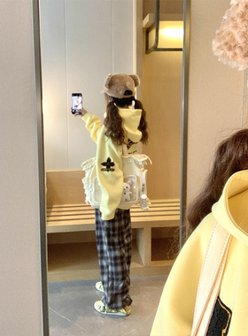 国潮牌奶黄色重工刺绣连帽卫衣女春秋新款美式慵懒宽松小个子外套