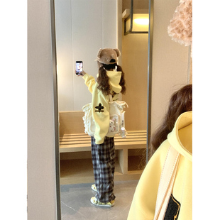 国潮牌奶黄色重工刺绣连帽卫衣女春秋新款美式慵懒宽松小个子外套