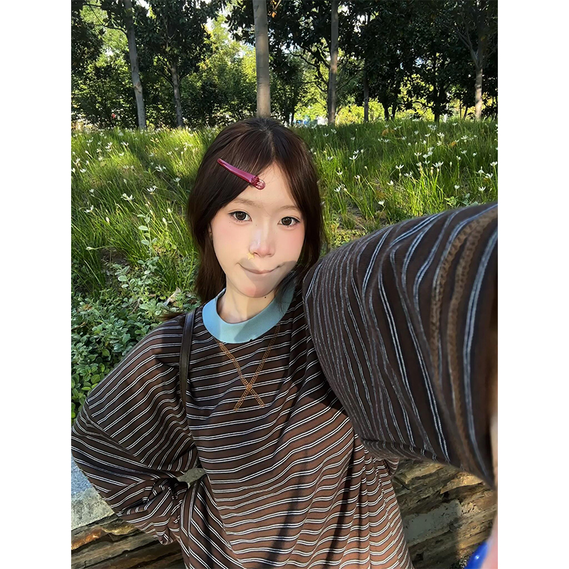 美式复古撞色条纹纯棉长袖t恤女