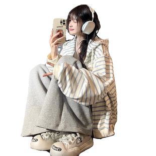 条纹连帽开衫卫衣女秋季2025新款小个子慵懒宽松百搭oversize外套