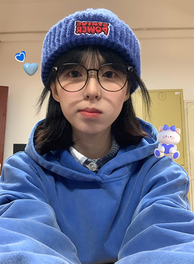 美式加绒连帽蓝色字母刺绣卫衣女秋冬季加厚宽松高级感小个子外套