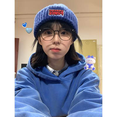 美式加绒连帽蓝色字母刺绣卫衣女