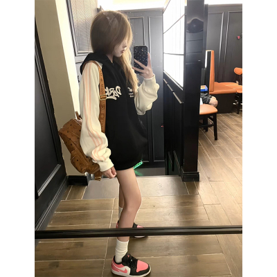 美式复古拼色刺绣条纹连帽卫衣女