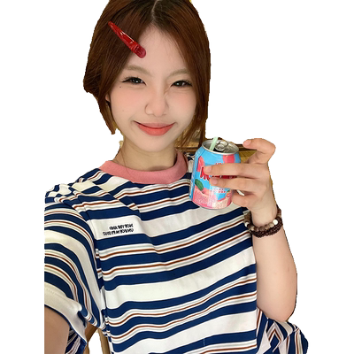 美式复古蓝色条纹短袖t恤女夏季