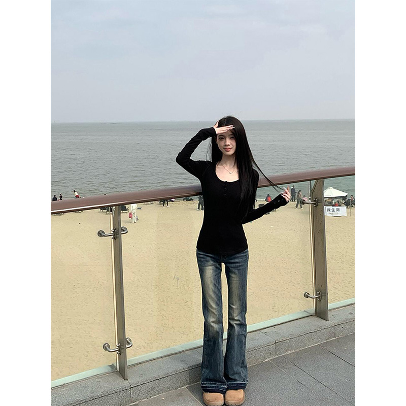 美式辣妹u领纽扣长袖t恤女春秋冬