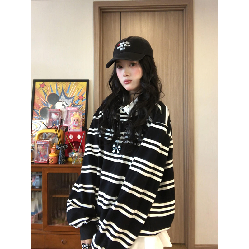 美式慵懒风条纹polo领长袖卫衣女