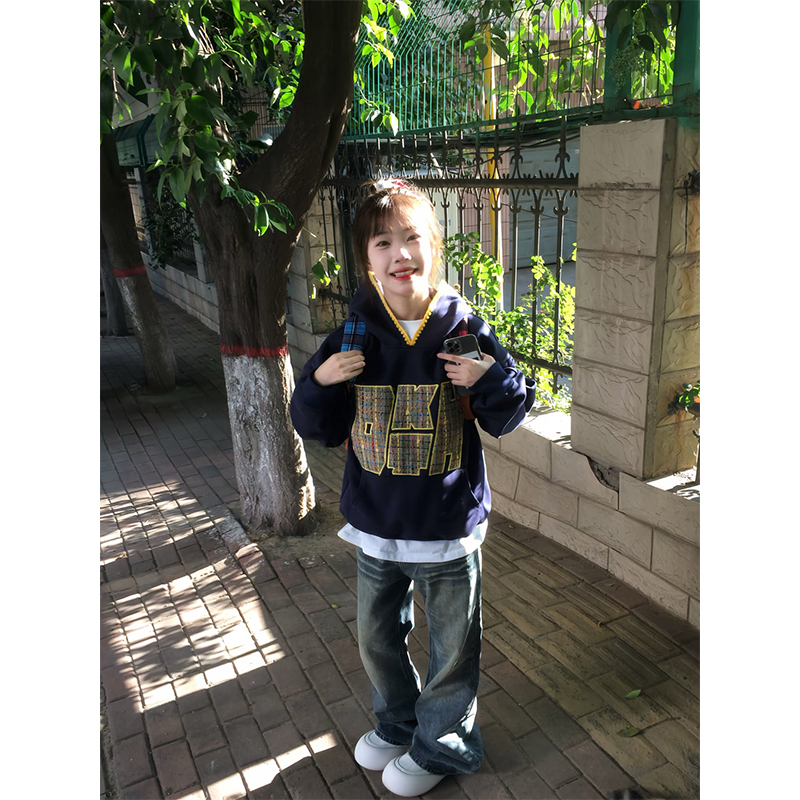 小香风美式复古贴布刺绣连帽卫衣女秋冬季情侣宽松慵懒风潮牌外套