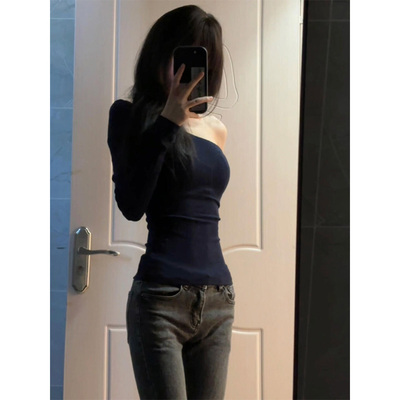 纯欲性感斜肩长袖t恤女秋冬2025