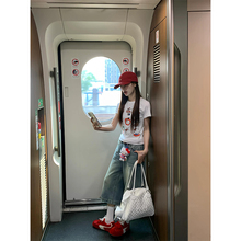 可爱小猫印花正肩白色短袖t恤女2025夏新款甜酷kitty修身短款上衣