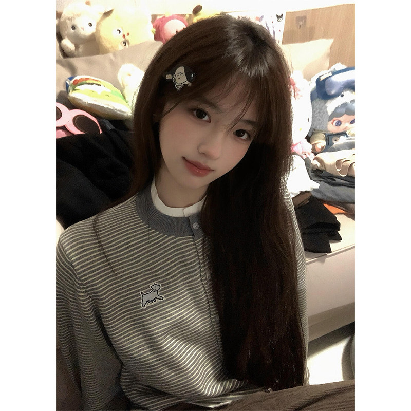 韩系灰色条纹假两件针织开衫毛衣女秋冬短款外套内搭打底长袖上衣,女装/女士精品,毛针织衫,淘宝优惠券,粉丝福利购,淘宝优惠卷