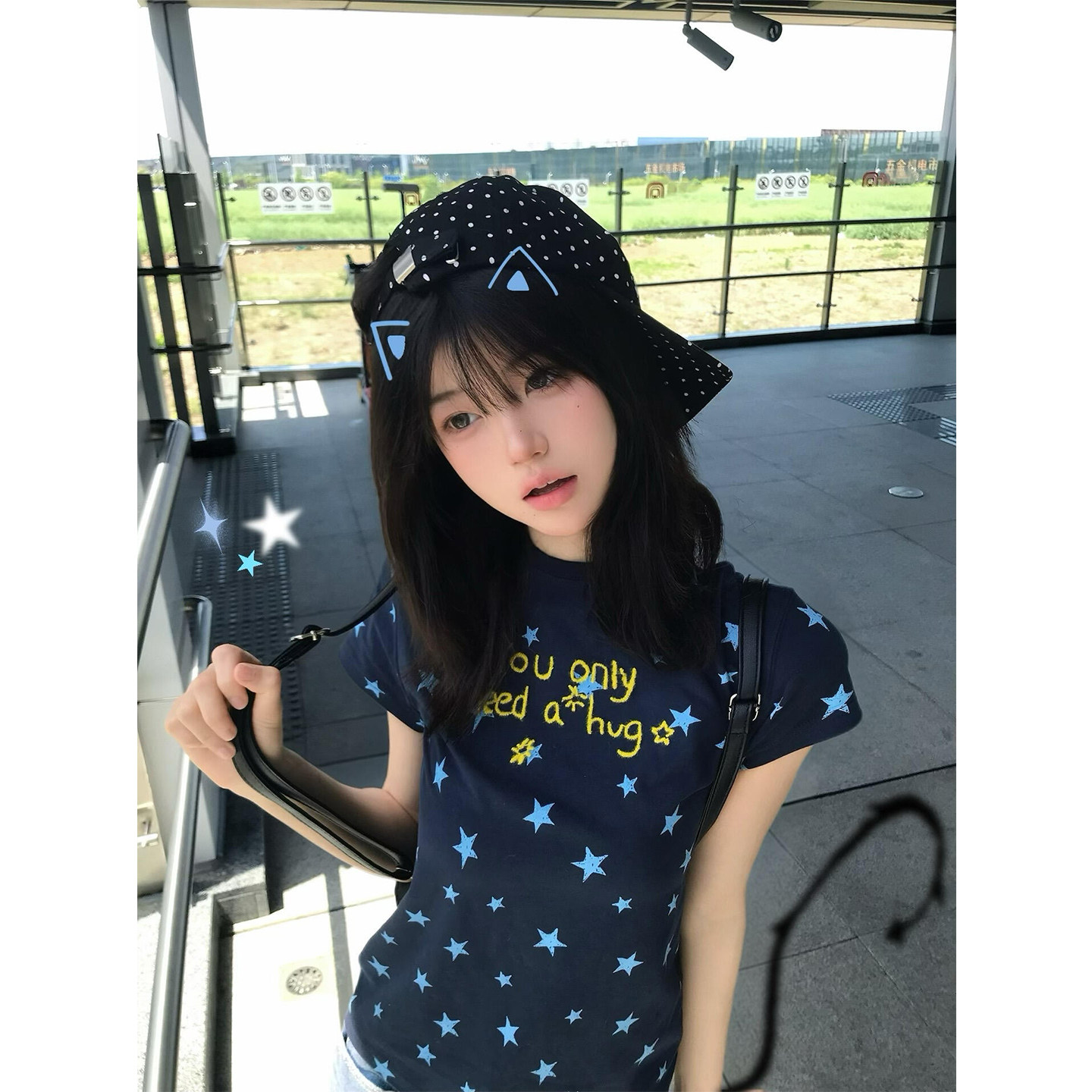 美式复古标语满印星星短袖t恤女夏季设计感小众修身显瘦辣妹上衣