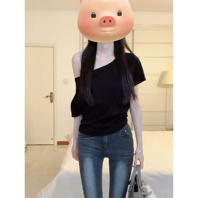 韩系斜肩上衣t恤女短袖黑色2026