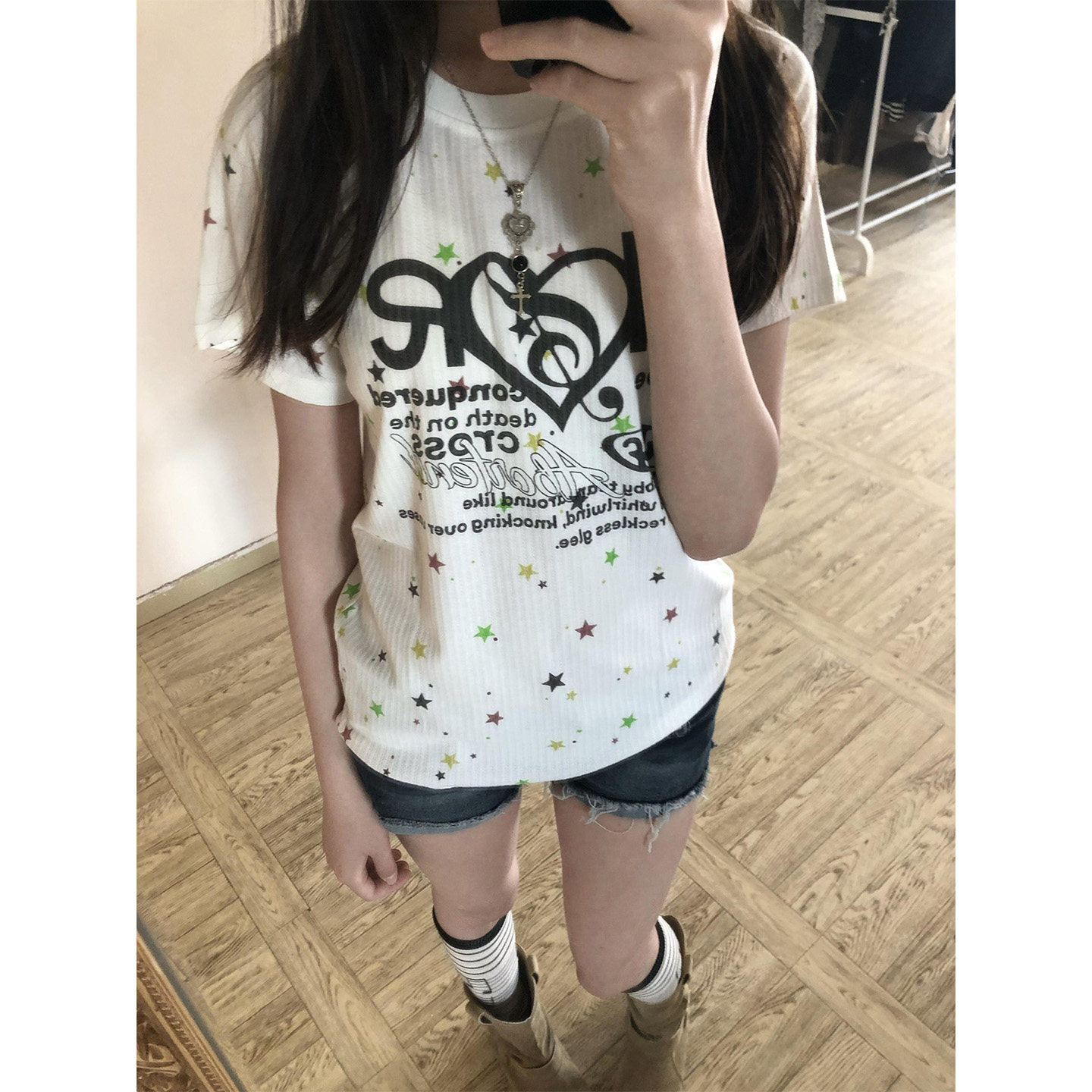 韩系复古彩色星星字母短袖t恤女图片