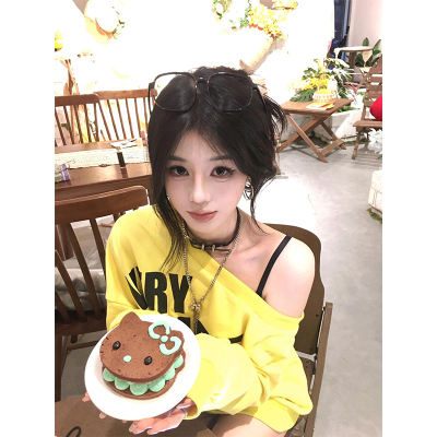 美式斜肩圆领长袖卫衣女春秋新款