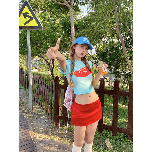 薄荷曼波水果正肩短袖t恤女夏季