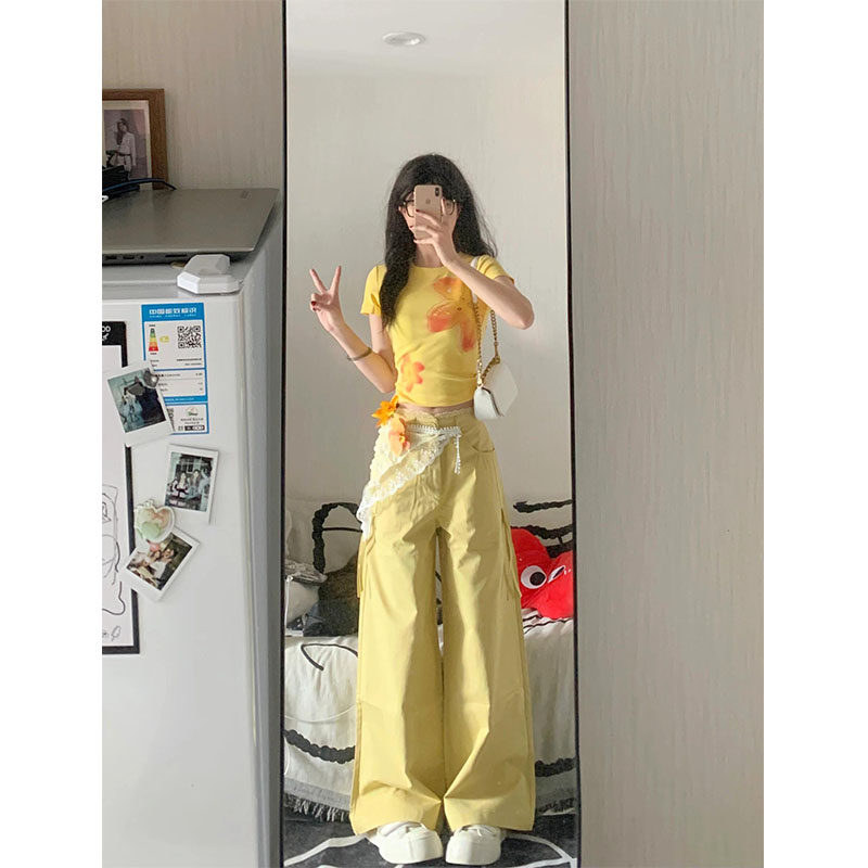 宝石花朵印花黄色正肩短袖t恤女夏季辣妹独特超好看修身显瘦上衣