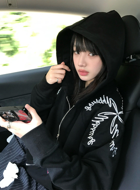 美式刺绣图案开衫拉链卫衣外套女秋冬加绒加厚设计感小众宽松上衣