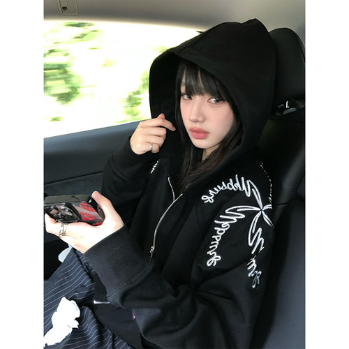 美式刺绣图案开衫拉链卫衣外套女