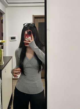 纯欲灰色蕾丝花边打底衫女秋冬修身显瘦性感内搭长袖t恤气质上衣