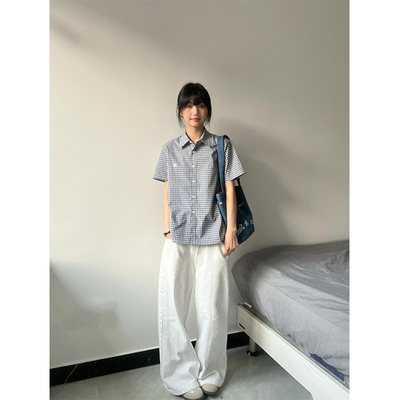 日系复古格子撞色polo领短袖衬衫