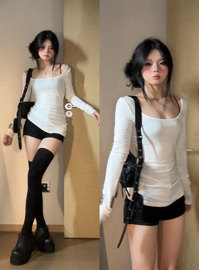 纯欲甜辣白色u领正肩长袖t恤女秋季2024新款修身显瘦内搭打底上衣