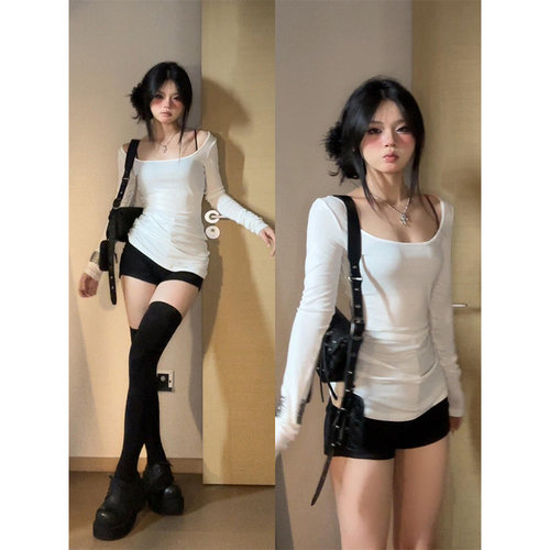 纯欲性感白色u领正肩长袖t恤女