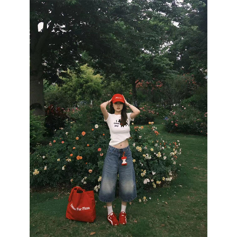 美式复古爱心狗狗印花正肩短袖t恤女夏季小个子修身显瘦百搭上衣