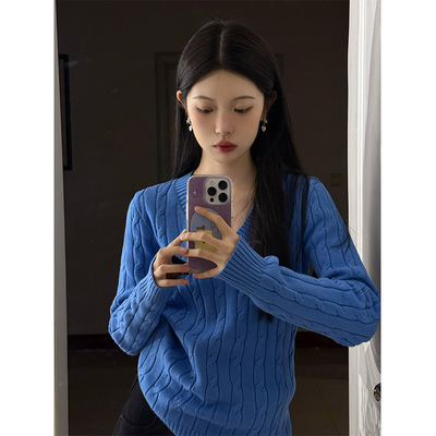 美式复古蓝色v领麻花毛衣女秋冬