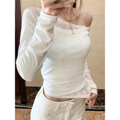 蕾丝花边拼接斜肩长袖 显瘦露肩上衣 设计感修身 t恤女2025秋季 新款
