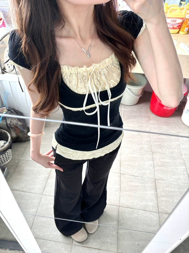 Комплект, летняя приталенная кружевная короткая футболка с коротким рукавом, цветочный принт