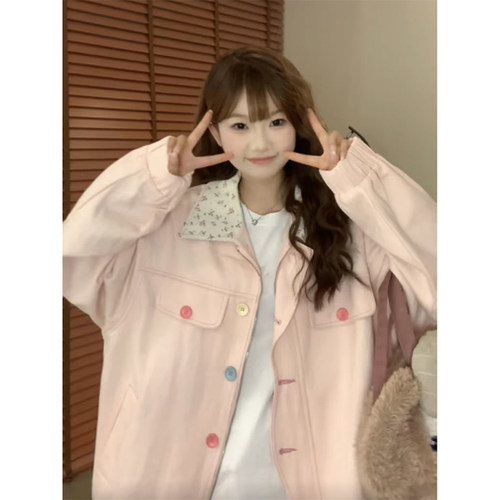 粉色小碎花撞色翻领外套女春秋季