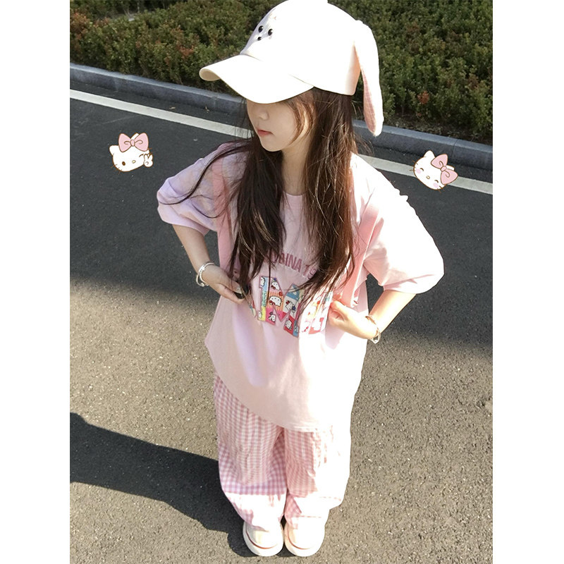 粉色kitty猫刺绣贴布短袖T恤女夏季新款卡通可爱宽松显瘦百搭上衣