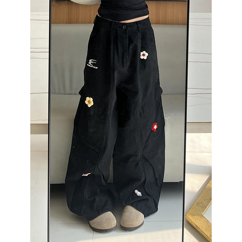 复古多口袋工装牛仔裤女春夏2025新款直筒宽松刺绣美式阔腿伞兵裤