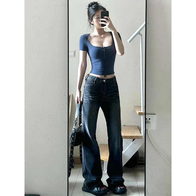 美式复古方领纽扣短袖t恤女夏季
