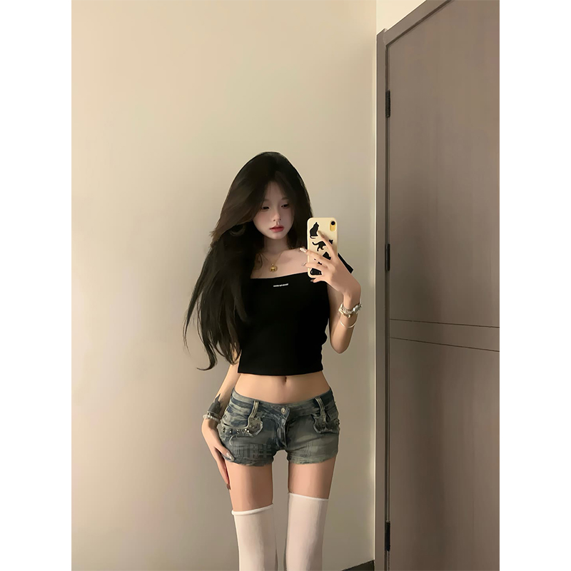 美式低腰辣妹y2k牛仔短裤女夏季薄款包臀紧身弹力小个子阔腿热裤