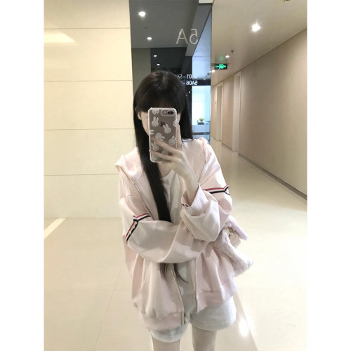 韩系学院风三色织带开衫卫衣女