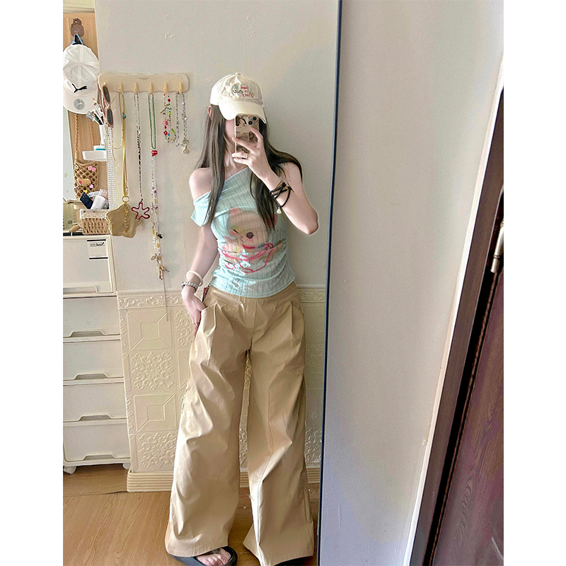 纯欲风甜辣斜肩小狗印花短袖t恤女夏季修身显瘦别致绝美短款上衣