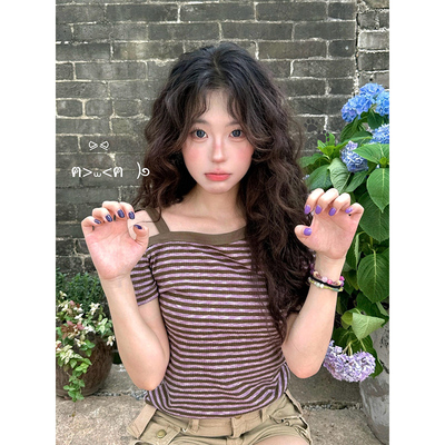 紫色条纹系带蝴蝶结短袖t恤女