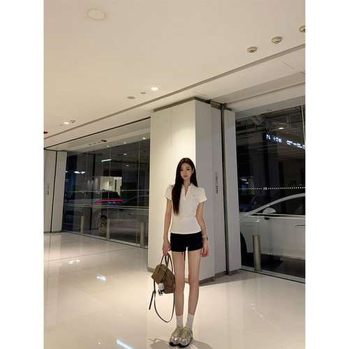 韩系V领正肩polo衫t恤女修身短袖